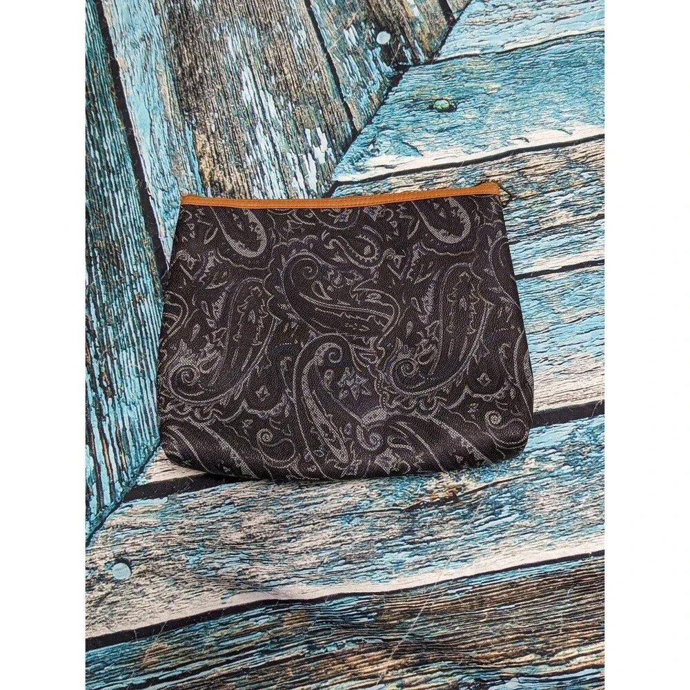 Vintage Paisley Black w Blue Details Makeup Bag Clutch‎ Purse